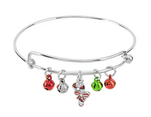 Load image into Gallery viewer, Jingle Bell Bangle Bracelets - Tree, Snowman &amp; Candy Cane Charms
