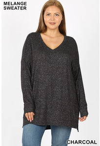 Brushed Melange Charcoal Gray V-Neck Sweater - Plus