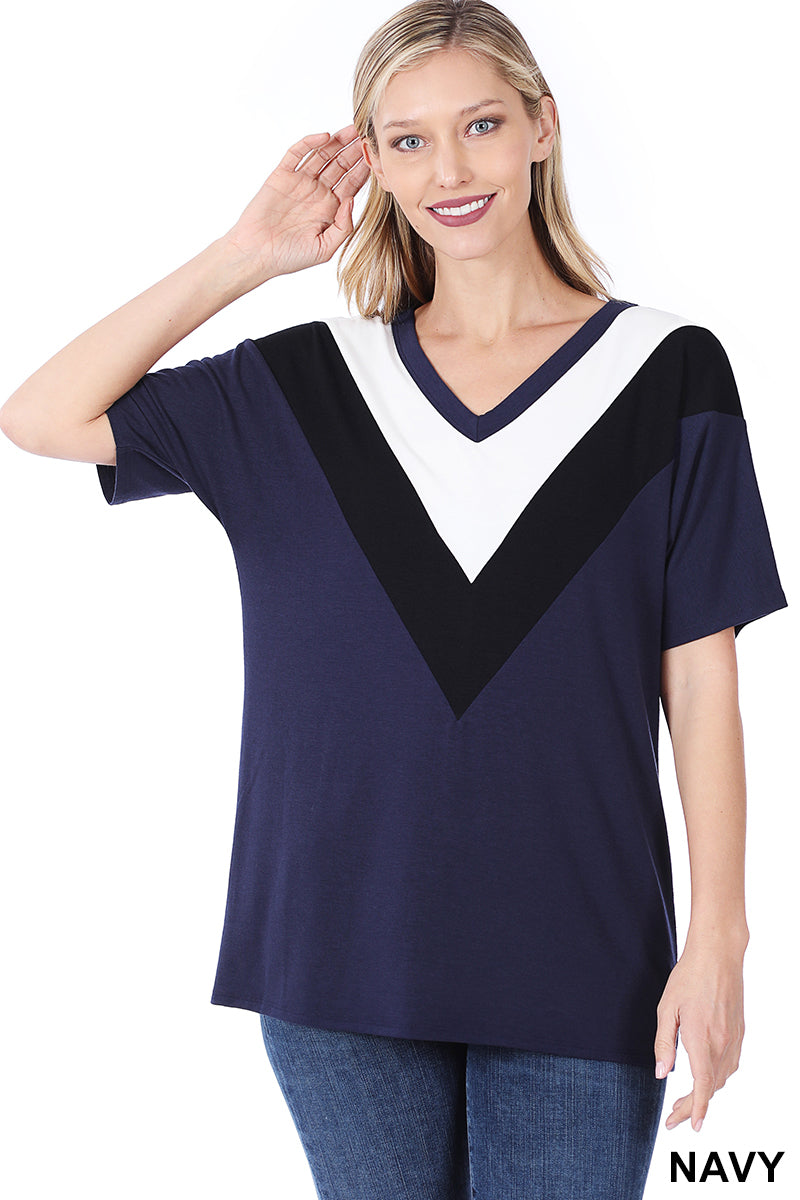 Navy Chevron V-Neck Top