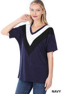 Navy Chevron V-Neck Top