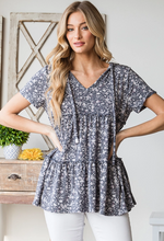 Load image into Gallery viewer, Navy Floral Ruffled Hoodie Babydoll Top - Plus
