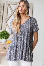 Load image into Gallery viewer, Navy Floral Ruffled Hoodie Babydoll Top - Plus
