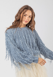 Slate Blue Fringe Detail Knit Sweater Top