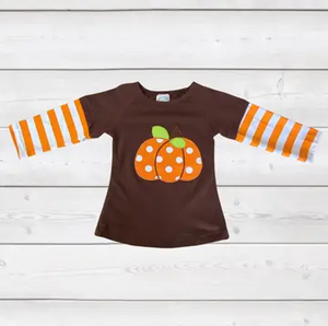 Brown 'n Orange Striped Pumpkin Applique Tee