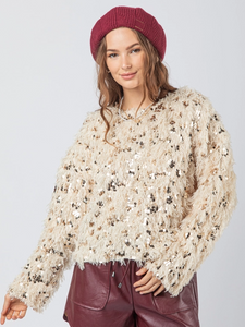 Champagne Fuzzy Feather Sequin Holiday Knit Sweater Top - Plus Size