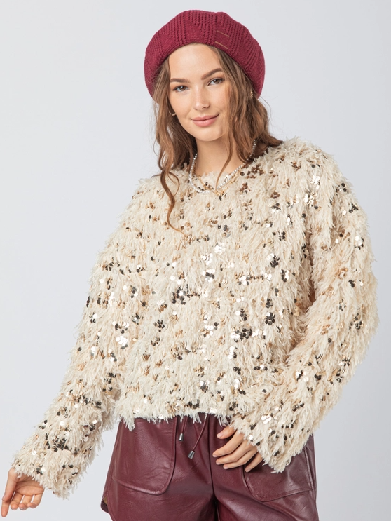 Champagne Fuzzy Feather Sequin Holiday Knit Sweater Top - Plus Size