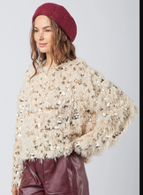 Load image into Gallery viewer, Champagne Fuzzy Feather Sequin Holiday Knit Sweater Top - Plus Size
