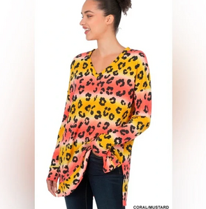 Jacquard Leopard Print Long Sleeve V-Neck Tunic Top - Plus