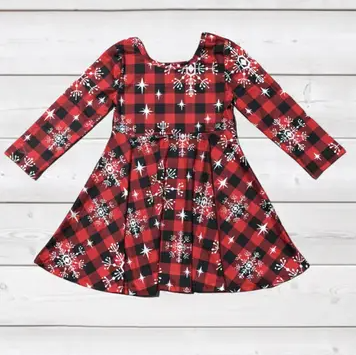 Dancing Snowflakes On Buffalo Plaid Twirly Dress