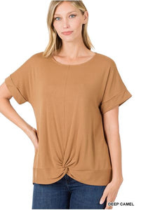 Deep Camel Crepe Knot-Front Top