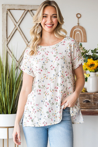 Floral Print Top With Short Sleeves - Plus Size