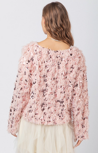 Pink Fuzzy Feather Sequin Holiday Knit Sweater Top - Plus Size