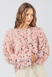 Pink Fuzzy Feather Sequin Holiday Knit Sweater Top - Plus Size