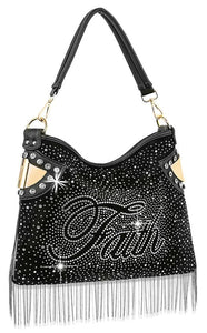 Rhinestone And Beaded Fringe Faith Hobo Handbag