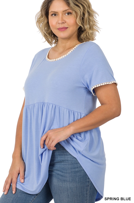 Spring Blue Empire Waist Pom Pom Top - Plus