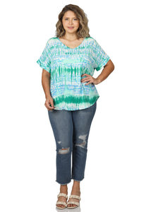 Blue/Green Woven Wool Dobby V-Neck Top - Plus