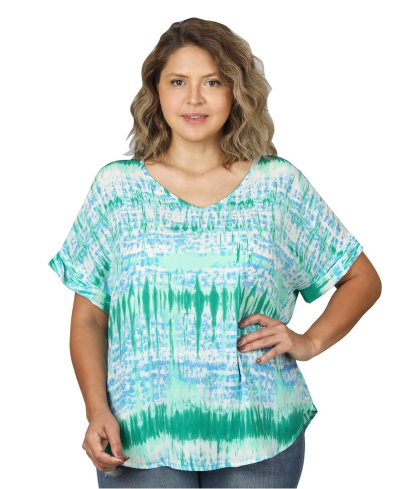 Blue/Green Woven Wool Dobby V-Neck Top - Plus