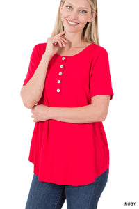 Luxe Rayon Shell Button Short Sleeve Top - Ruby