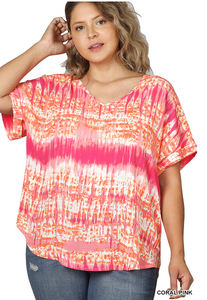 Coral/Pink Woven Wool Dobby V-Neck Top - Plus