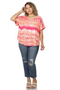 Coral/Pink Woven Wool Dobby V-Neck Top - Plus