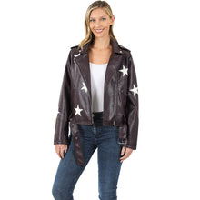 Load image into Gallery viewer, Brown Star Patch Vegan Leather Belted Moto Jacket
