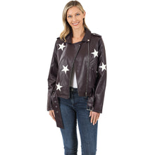 Load image into Gallery viewer, Brown Star Patch Vegan Leather Belted Moto Jacket
