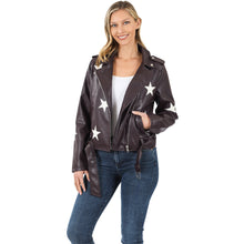 Load image into Gallery viewer, Brown Star Patch Vegan Leather Belted Moto Jacket
