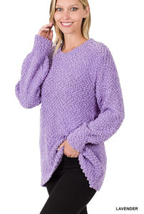 Popcorn Balloon Sleeve Pullover Sweater - Dusty Lavender