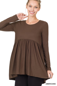 Brushed Waist Shirring Long Sleeve Top - Americano