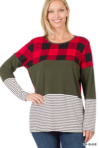 Buffalo Plaid Color Block Top - Dark Olive