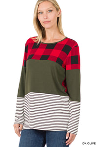 Buffalo Plaid Color Block Top - Dark Olive