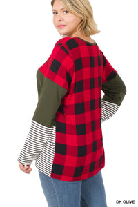 Buffalo Plaid Color Block Top - Dark Olive